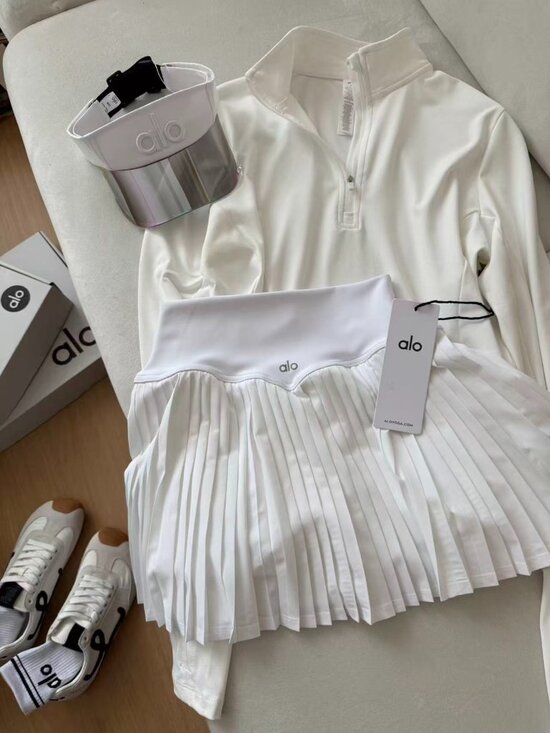 ALO Yoga Tops - Alo Yoga Pure White Half-Zip Long-Sleeve Top + Pleated Mini Skirt Two-Piece Set